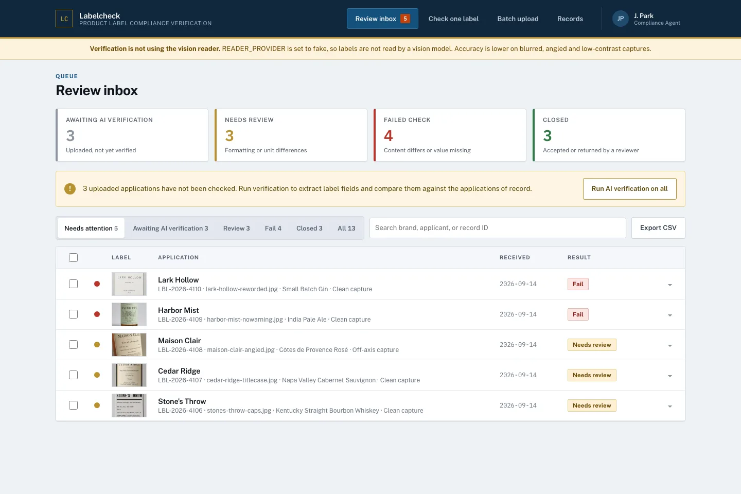 Labelcheck interface